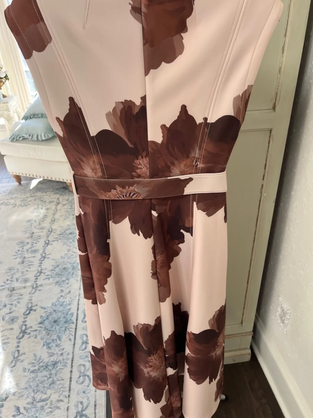 Calvin Klein Tan & Brown Floral Belted Scuba Sleeveless Midi Dress - Picture 7 of 10
